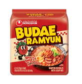 Nongshim Budae Ramyun, Korean Army Stew-Style Instant Noodles with Spicy Chilli Bean Broth, Chewy Noodles 4.23 Oz (Pack of 4)