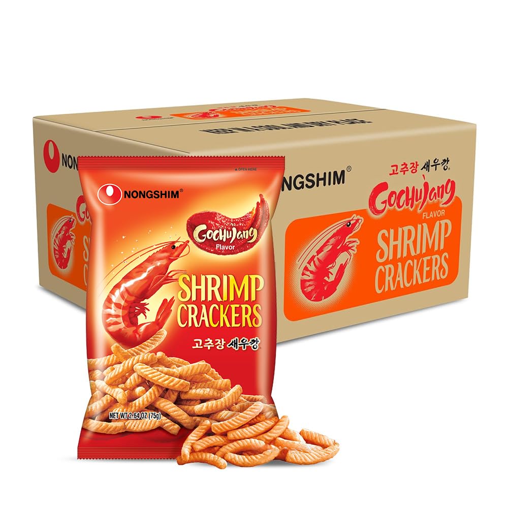 Nongshim Shrimp Crackers, Gochujang Flavor, Crispy Baked Korean Snack, 2.64 oz Bags (Pack of 20)