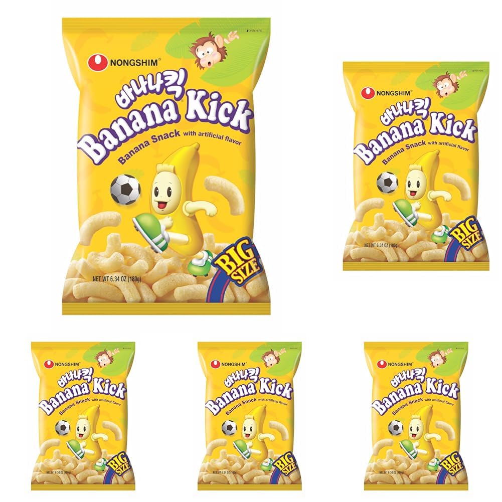 Nongshim Banana Kick Big Bag, Sweet and Crunchy Banana Flavored Corn Puff Snack, 6.34 oz (Pack of 5)