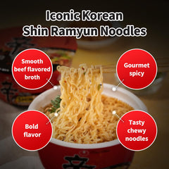 Nongshim Shin Ramyun Bowl Noodles, Spicy Korean Signature Instant Ramyun, Rich Beef Flavored Broth, Quick and Easy, Microwaveable Bowl, 3.03 oz (Pack of 12)