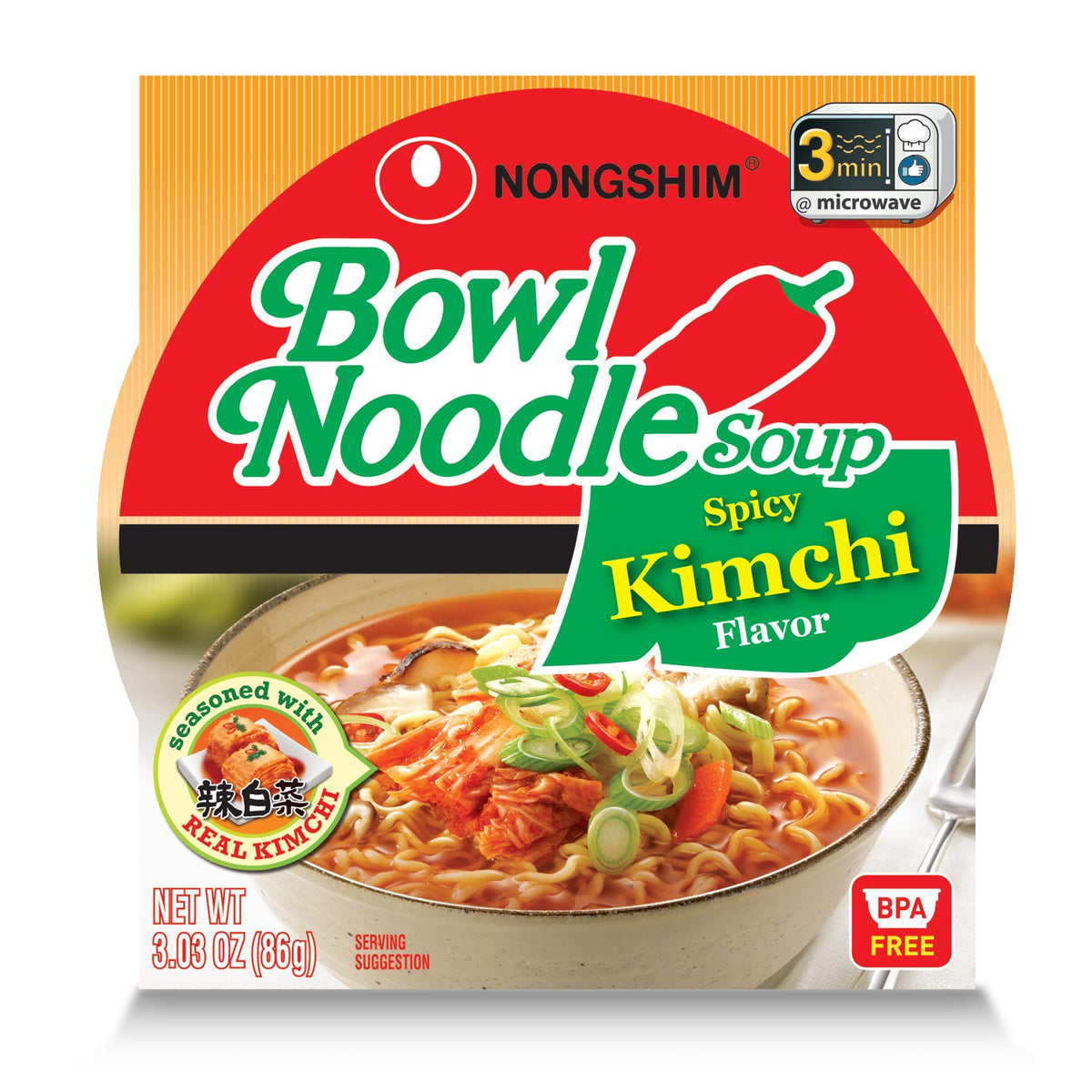 Nongshim Ramen Noodles, Gourmet Instant Ramen bowl, Premium Microwavable Noodle Soup, Kimchi, 3.03 Ounce (Pack of 1)