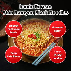 Nongshim Shin Ramyun Black Noodles, Spicy Korean Signature Instant Ramyun, Rich Beef Bone Broth, Pantry Essential Korean Noodles, Quick and Easy, 4.58 oz (Pack of 16)