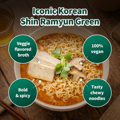 Nongshim Shin Ramyun Green Noodles, Vegan Spicy Korean Instant Ramyun, Mushroom & Fried Tofu Flavor, Bold Veggie Flavored Broth, Quick & Easy, Pantry Essential, Microwaveable, 4.4 oz (Pack of 4)