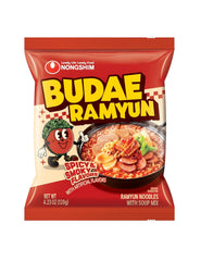 Nongshim Budae Ramyun, Korean Army Stew-Style Instant Noodles with Spicy Chilli Bean Broth, Chewy Noodles 4.23 Oz (Pack of 4)