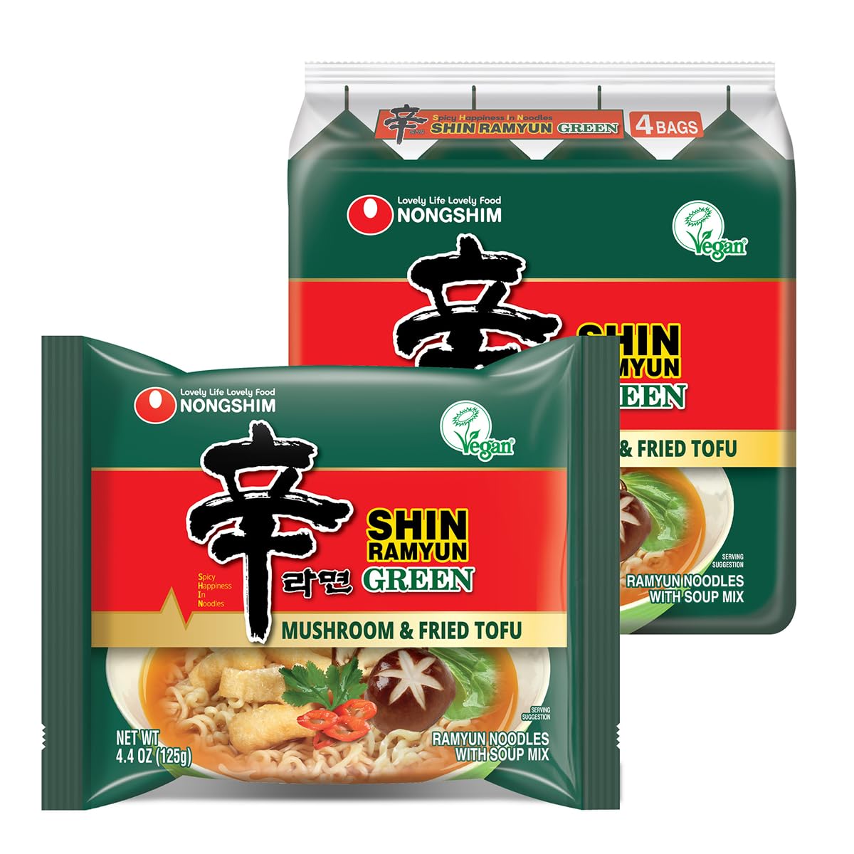 Nongshim Shin Ramyun Green Noodles, Vegan Spicy Korean Instant Ramyun, Mushroom & Fried Tofu Flavor, Bold Veggie Flavored Broth, Quick & Easy, Pantry Essential, Microwaveable, 4.4 oz (Pack of 4)