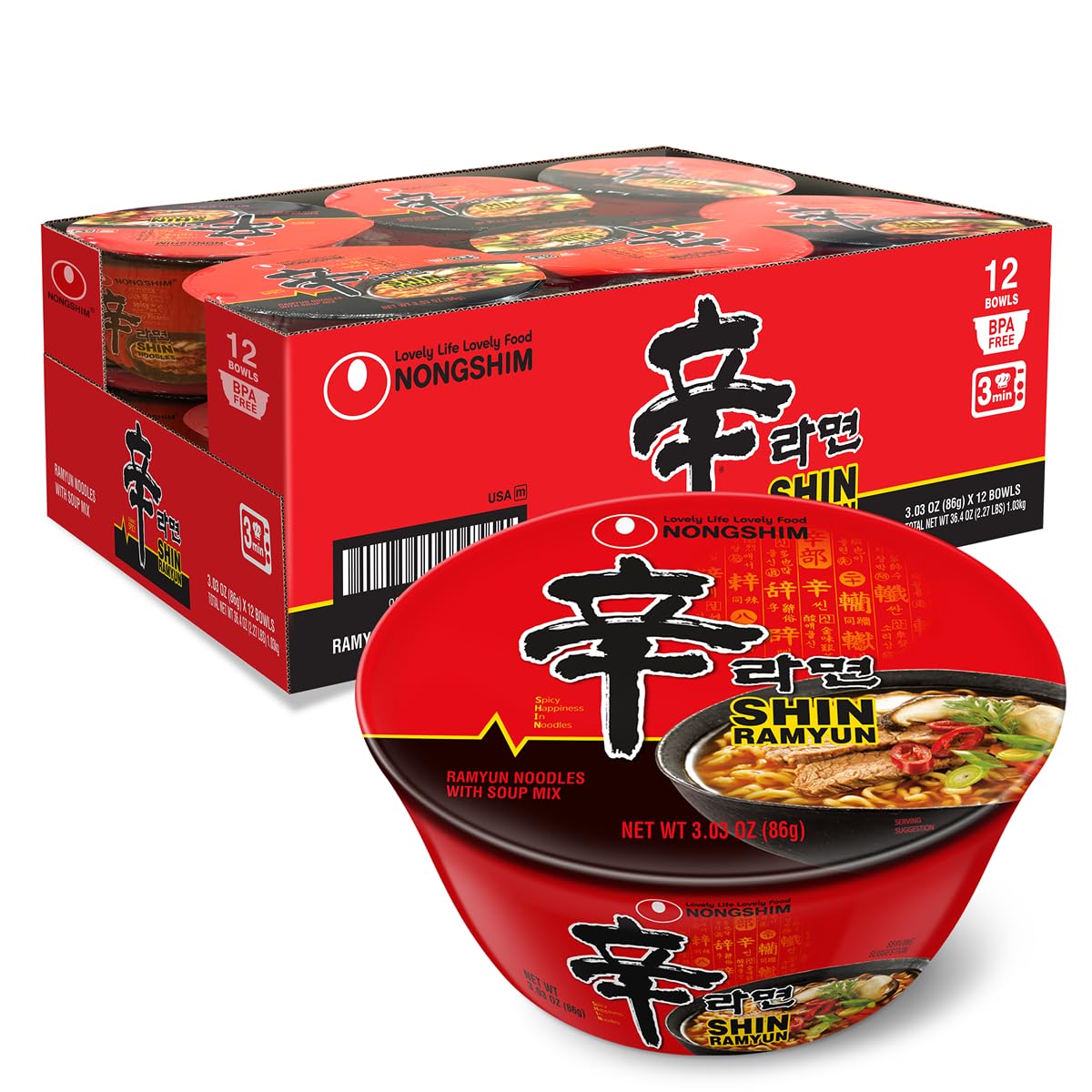 Nongshim Shin Ramyun Bowl Noodles, Spicy Korean Signature Instant Ramyun, Rich Beef Flavored Broth, Quick and Easy, Microwaveable Bowl, 3.03 oz (Pack of 12)