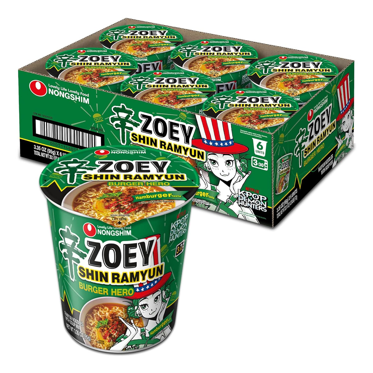 Nongshim Shin Ramyun Burger Hero, Spicy Instant Noodle Cup, Hamburger Taste, 3.35 oz (Pack of 6)