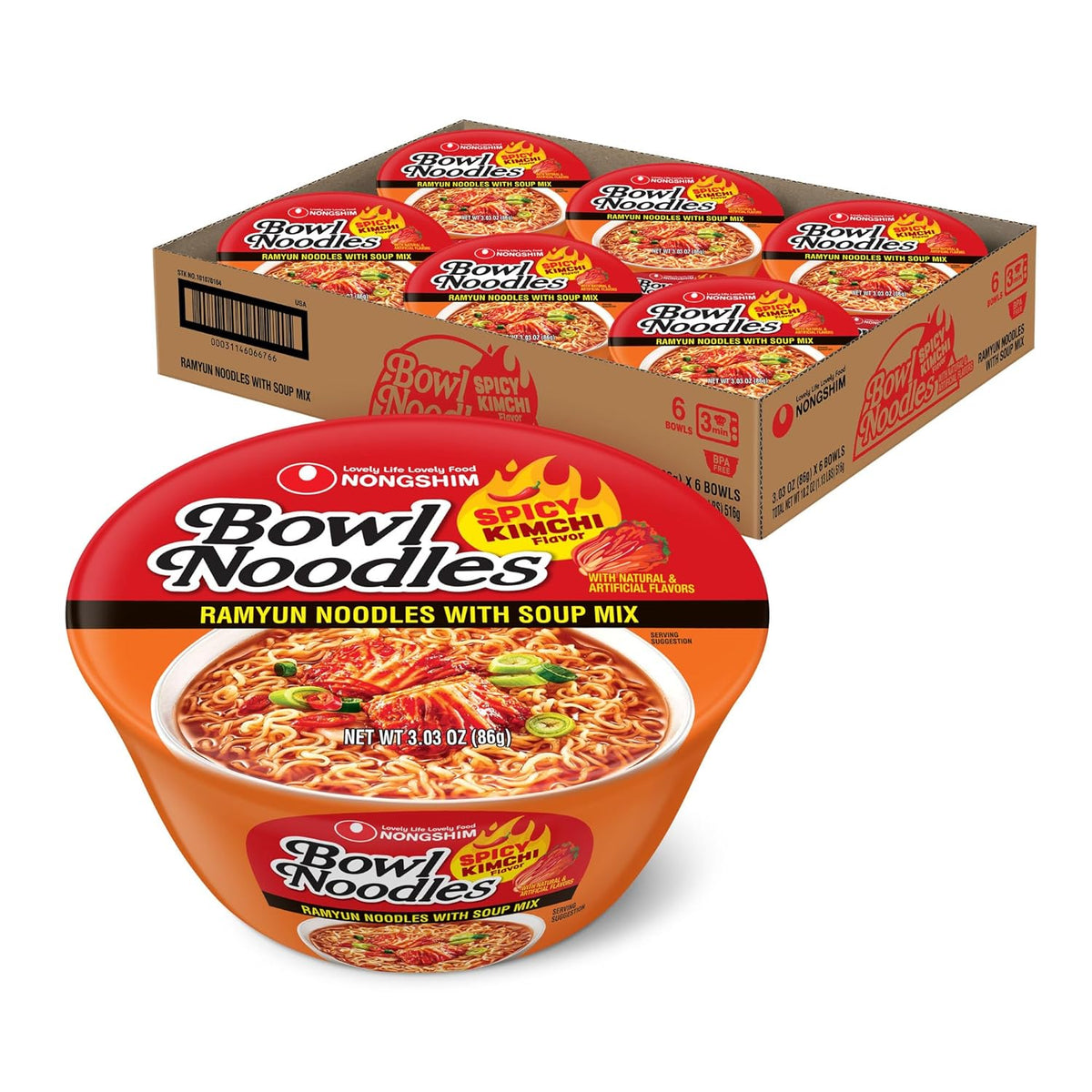 Nongshim Ramen Noodles, Gourmet Instant Ramen bowl, Premium Microwavable Noodle Soup, Kimchi, 3.03 Ounce (Pack of 6)