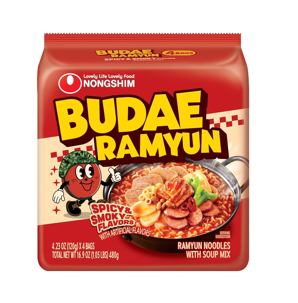 Nongshim Budae Ramyun, Korean Army Stew-Style Instant Noodles with Spicy Chilli Bean Broth, Chewy Noodles 4.23 Oz (Pack of 4)