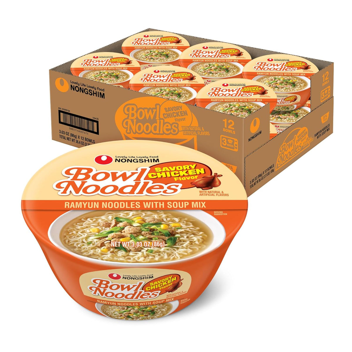 Nongshim Savory Chicken Noodle Soup Instant Ramen, 12 Pack, Microwaveable Bowl Soup Mix, Korean Ramyun with Cabbage & Carrots, Sabor a Pollo