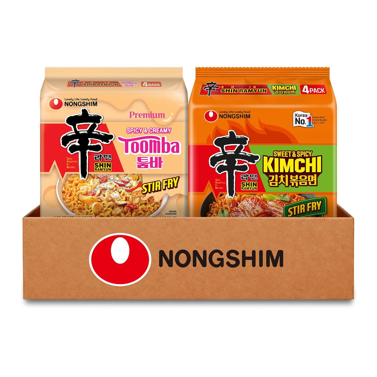 Nongshim Shin Ramyun Toomba & Shin Kimchi Stir Fry Variety Pack, Creamy & Spicy, Viral Toomba Flavored, Tangy Sweet and Spicy Kimchi, Viral Stir Fry Bundle, 8 Packs