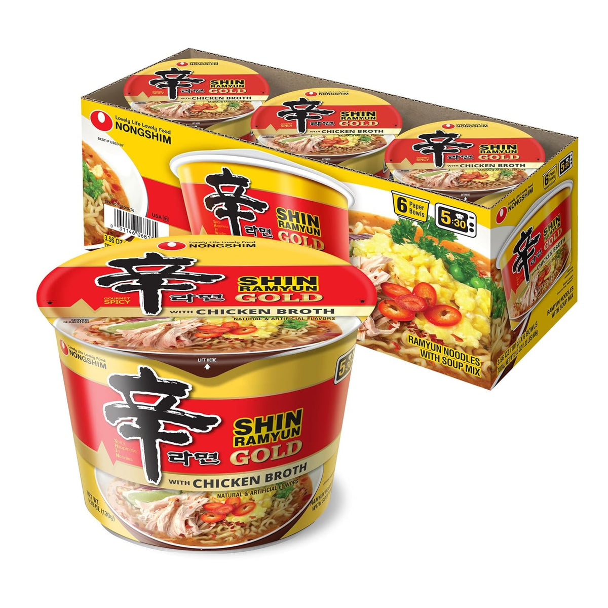 Nongshim Ramen Noodles, Gourmet Instant Ramen bowl, Premium Microwavable Noodle Soup, Shin Gold, 3.56 Ounce (Pack of 6)