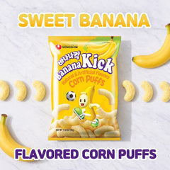 Nongshim Banana Kick Puff Snack - Crispy Corn Puff with Banana Flavor, Soft and Sweet Fruit Snack for All Ages, K-Pop Favorite Korean Treat, 1.58 oz (Pack of 20)
