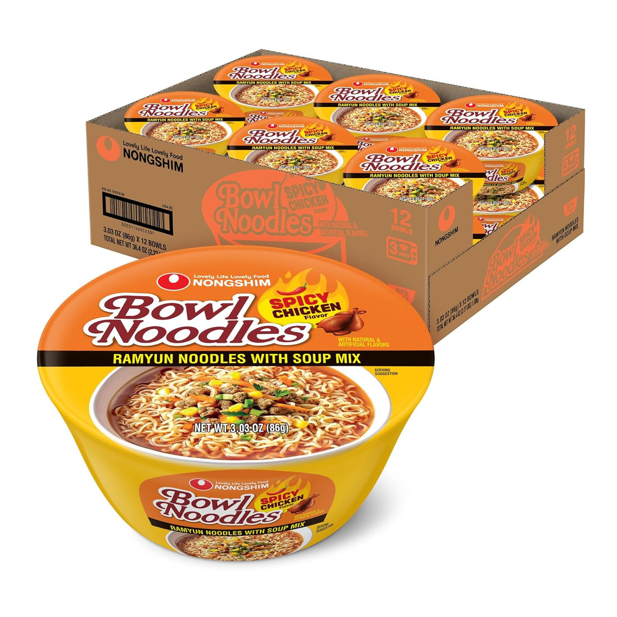 Nongshim Spicy Chicken Noodle Soup Instant Ramen, 12 Pack, Korean Microwaveable Bowl Soup Mix, Ramyun with Veggies, Sabor a Pollo