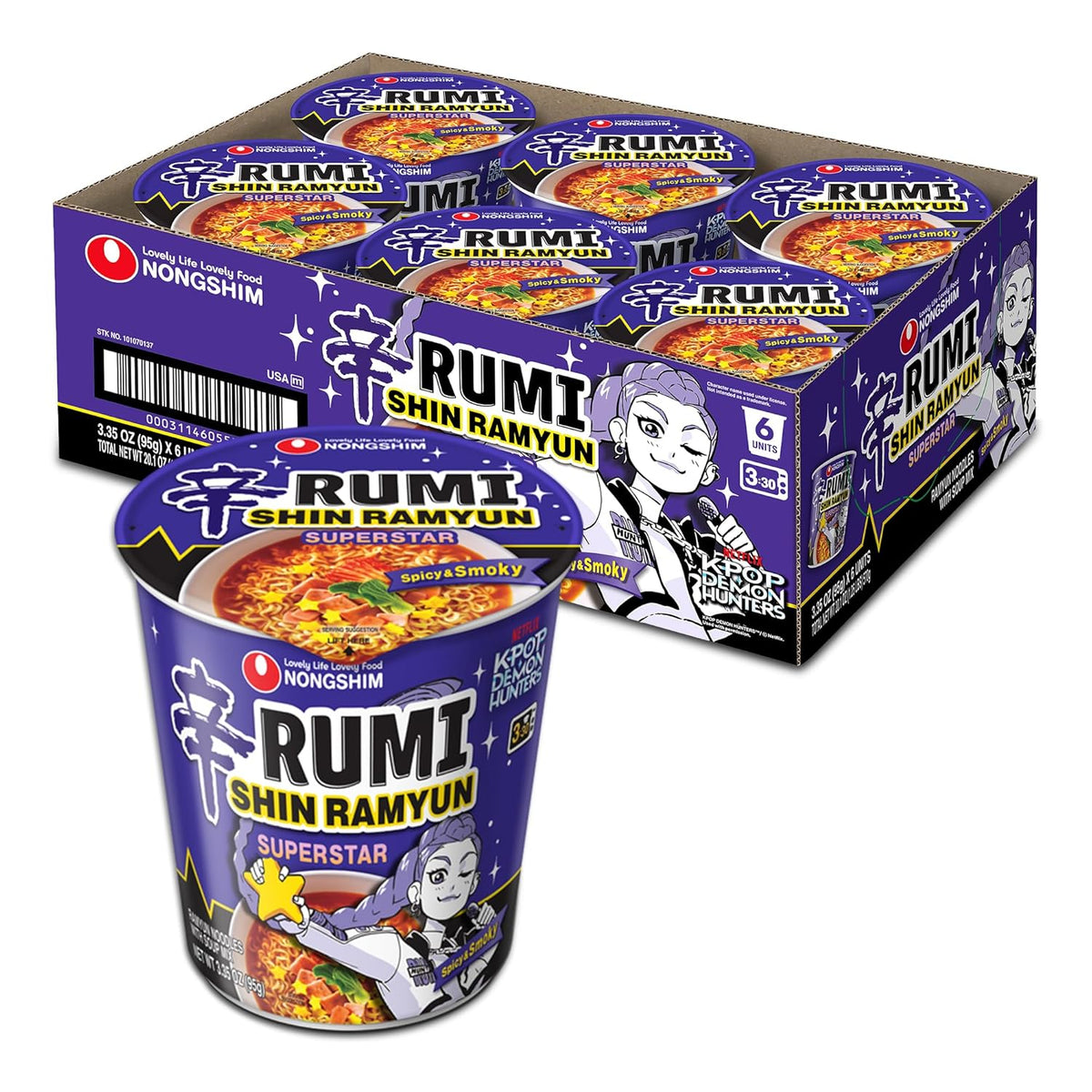 Nongshim Shin Ramyun Superstar, Instant Noodle Cup, Spicy & Smoky, 3.35 oz (Pack of 6)